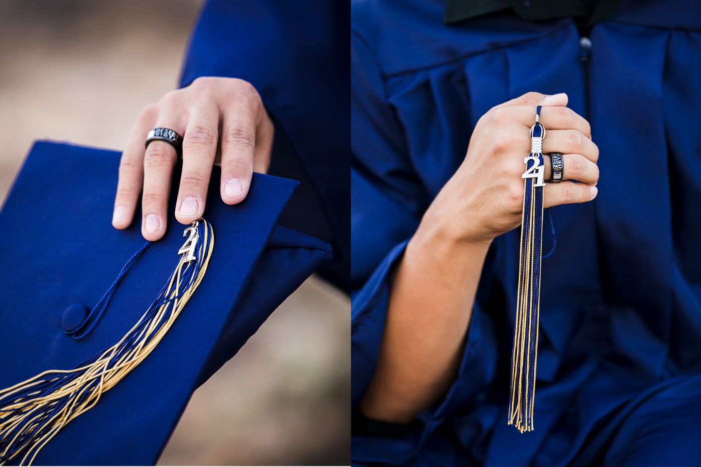 Close up of navy senior cap with 2021 tassel and class ring.
