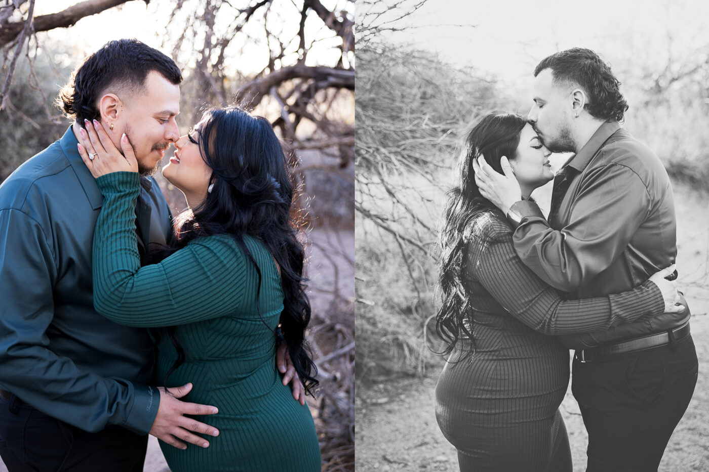Engaged couple putting their noses together looking at each other in one photo and the other photo he's kissing her on her forhead.