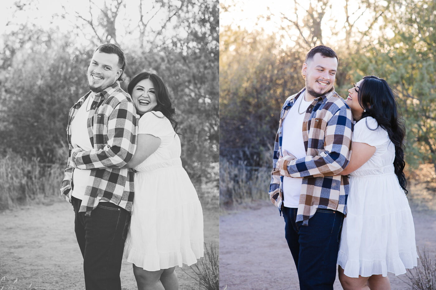 Engaged couple where she is squeezing him from behind and laughing in one photo and the couple looking at each other smiling in the other photo.