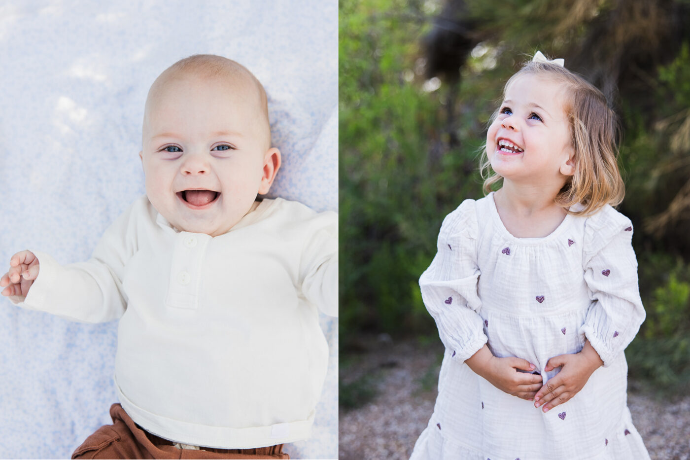 Two siblings smiling, one a baby boy and the other a 2 year old girl. 