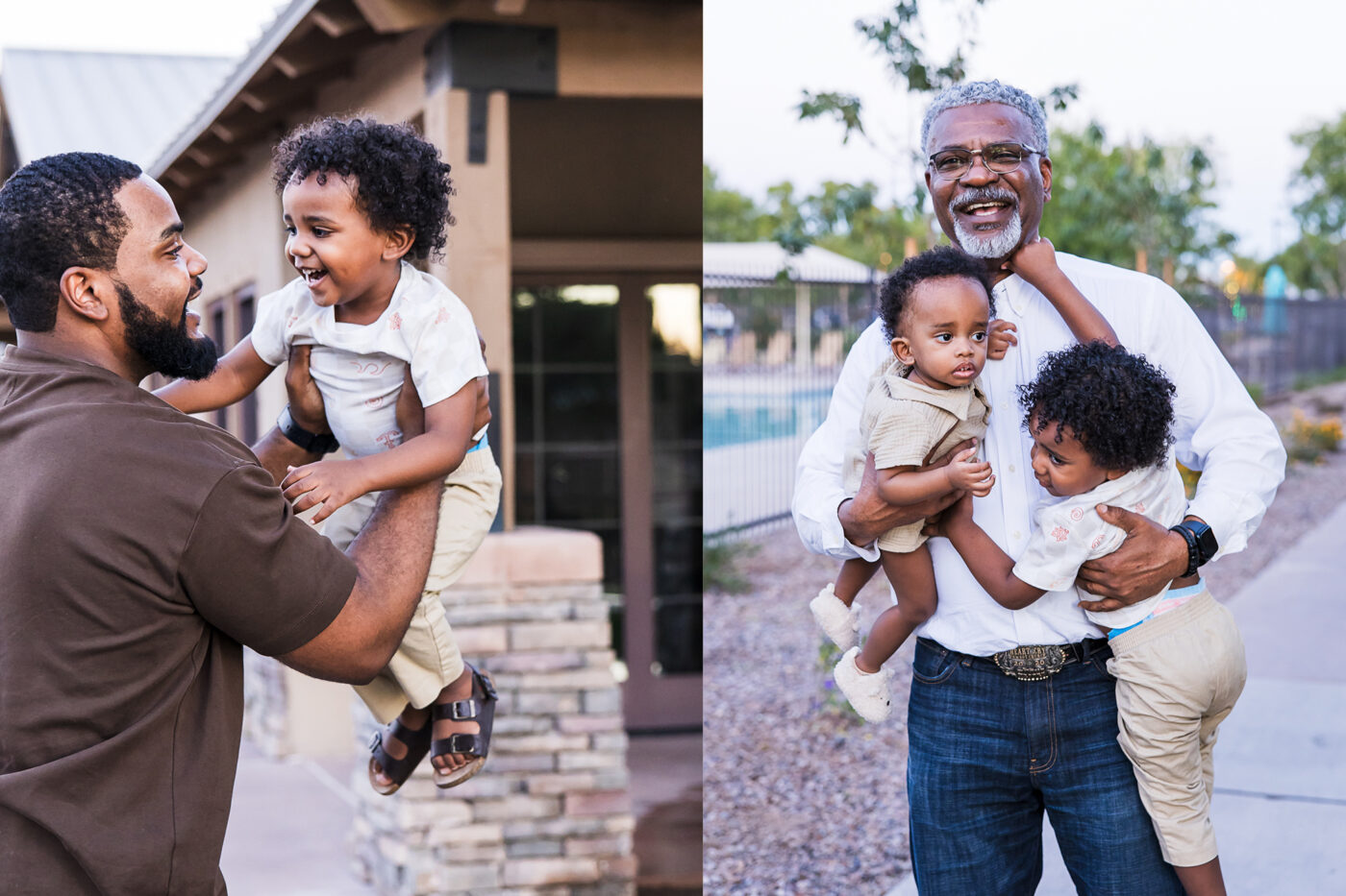 A father lifting his son smiling at each other and then a grandpa holding his wiggly grandsons. 