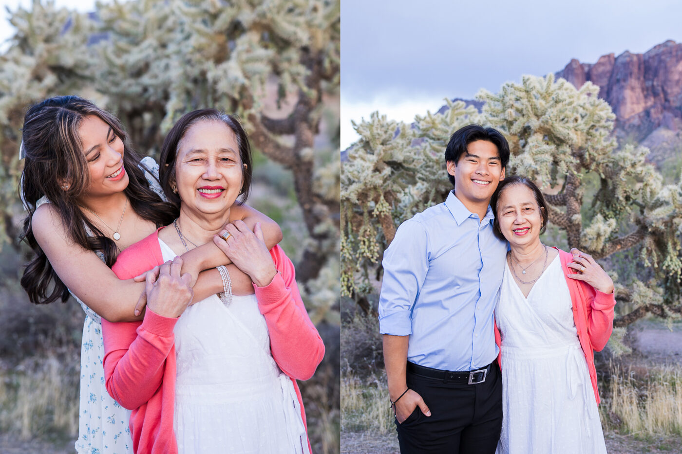 A granddaughter and a grandson hugging their grandma in the desert by Superstition Mountain. 