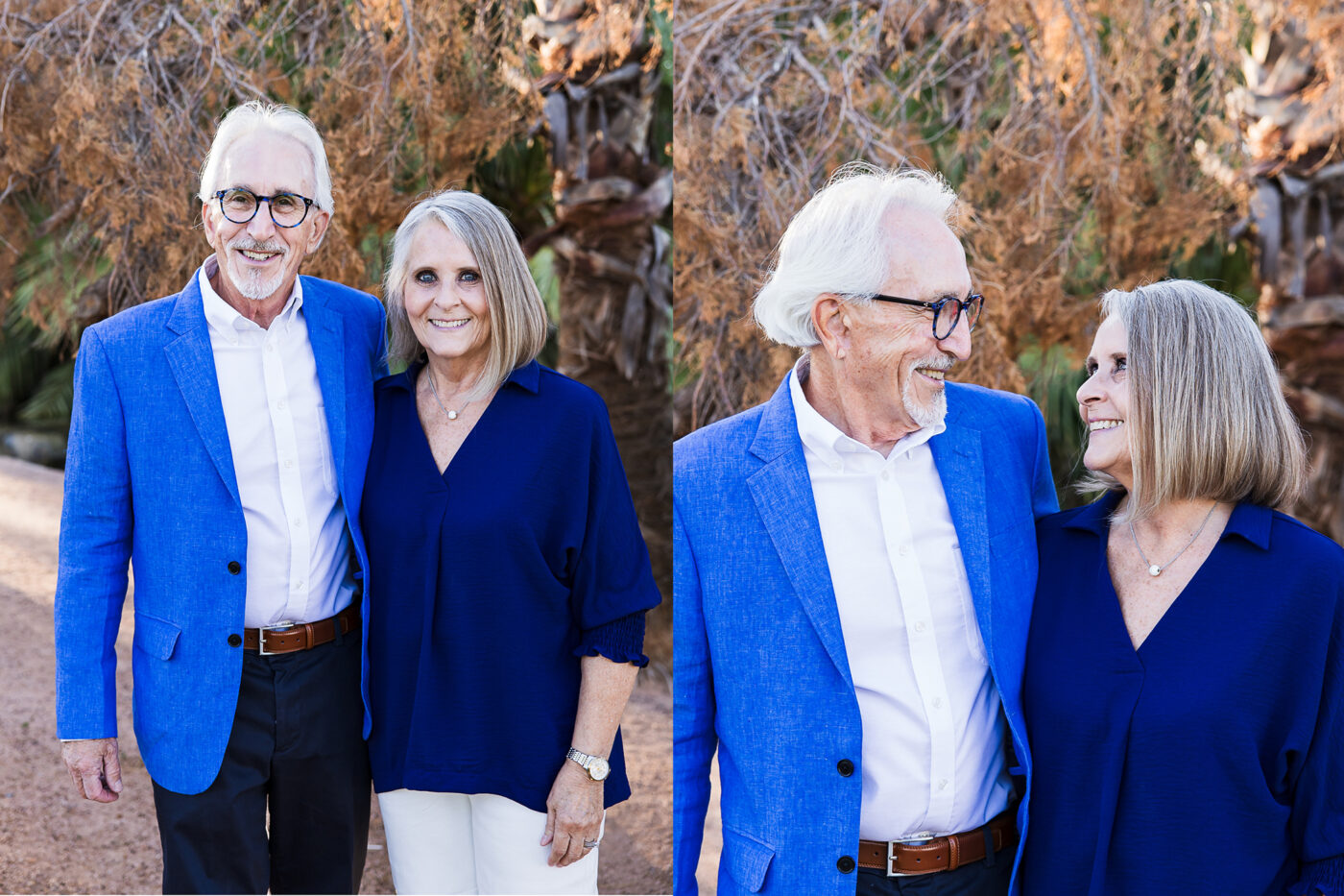 Grandparents wearing blue looking at the camera and then looking at each other. 