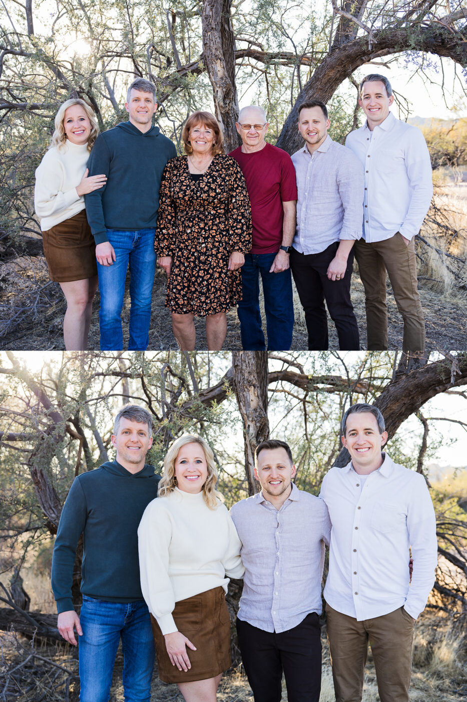Parents with grown kids and then siblings smiling at camera. 
