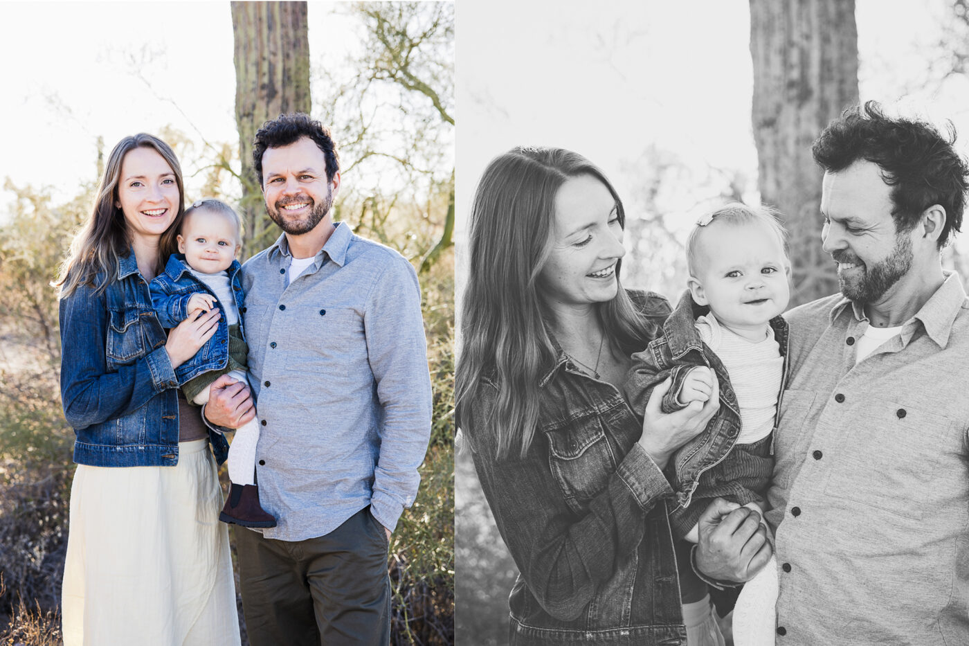 Young parents holding their baby girl in the desert.
